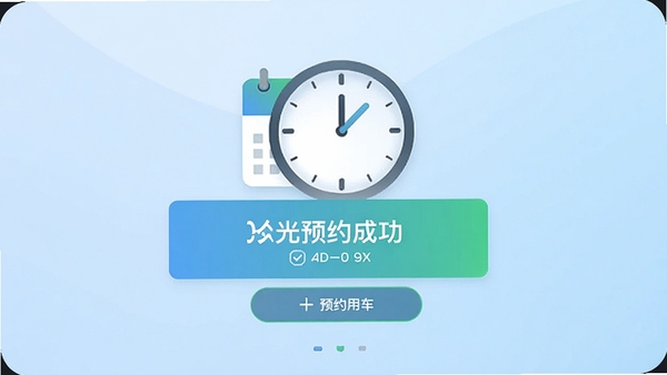 极光出行预约用车界面,日历与时钟图标结合,显示预约成功提示,浅蓝色渐变背景,简洁商务风格