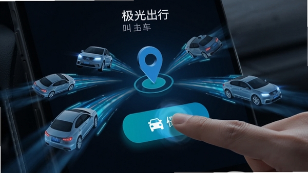 极光出行叫车界面,手指点击叫车按钮瞬间,周围出现多辆汽车图标驶向定位点,动态光效,蓝色科技风格