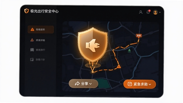 极光出行安全中心界面,盾牌图标发光,路线地图上显示分享按钮与紧急求助按钮,深色背景橙色警示色