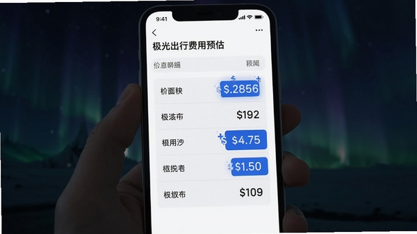 极光出行费用预估界面,手机屏幕显示价格明细表格,货币符号闪烁,简洁白色背景,蓝色高亮数字