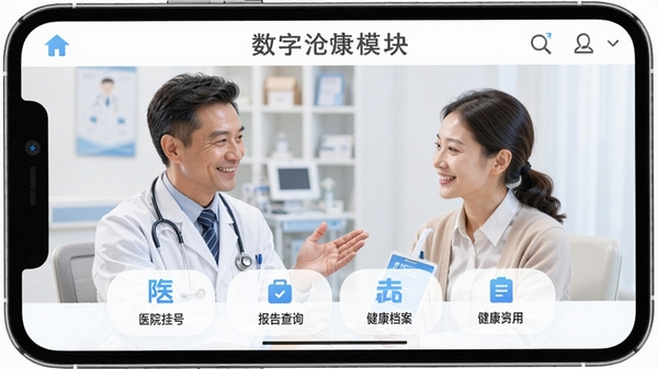 ���ֲ���APPҽ�ƽ���ģ����棬չʾҽԺ�Һš������ѯ�����������ȹ��ܣ�ҽ���뻼���Ѻý�����������ɫ��ǳ��ɫ��