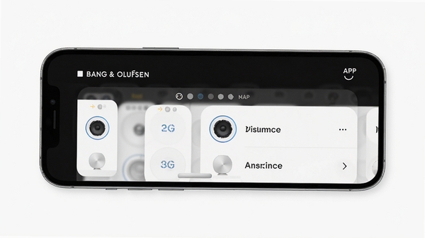 Bang & Olufsen app 智能配对界面展示,手机屏幕显示附近音响设备列表,简洁北欧风格设计,高清渲染