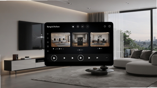 Bang & Olufsen app 多房间音乐控制界面,展示多个房间音箱同步播放,现代家居环境,科技感与奢华感并存