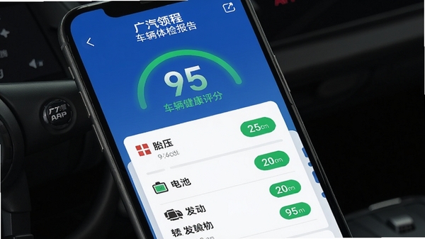 ������̳�����챨����棬�ֻ���Ļ��ʾ������������95�֣��·��г�̥ѹ����ء��������ȼ����Ŀ��Ϊ��ɫ����״̬������Ϊ�������APP�ĿƼ�������