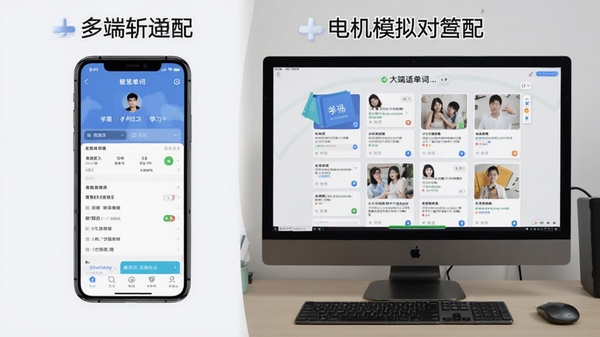 雅思斩单词在手机和电脑模拟器上的使用对比图,左侧手机显示学习界面,右侧电脑模拟器展示大屏学习场景,突出多端适配