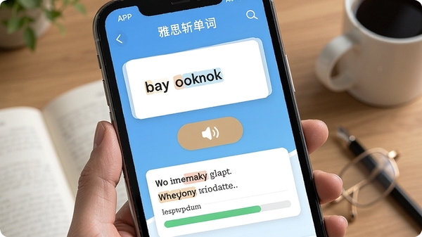 雅思斩单词APP内单词闯关界面,显示单词卡片、发音按钮、例句和进度条,界面色彩清新,学习氛围浓厚
