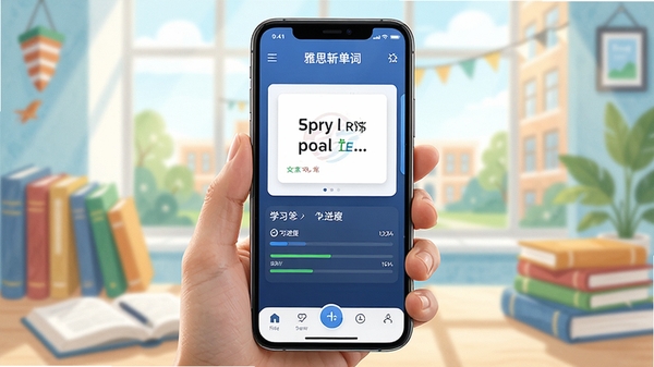 雅思斩单词软件主界面展示,手机屏幕中显示单词卡片与学习进度,背景为明亮的留学风格,突出高效背单词氛围