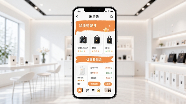 质易购APP首页展示品质购物与优惠券聚合界面,手机屏幕中呈现清晰商品分类与比价信息,背景为明亮简洁的现代风格,突出便捷购物主题
