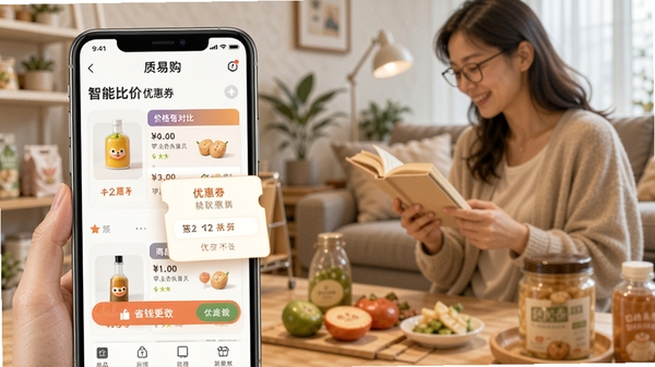 质易购APP智能比价与优惠券领取功能展示,手机界面中商品价格对比清晰,优惠券弹窗醒目,背景为生活化购物场景,突出省钱便捷特点