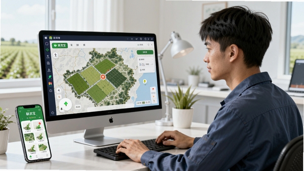AI��ͼ��ʾ�ʻ���չʾһλ����ũ��Ա���ڵ���ǰ��ʹ�ð�׿ģ��������ũ��APP�鿴ũ���ͼ���Ա߷����ֻ����ֻ���Ļ��ʾ��ũ���ƶ��˽��棬�����������࣬ͻ�����Эͬ��Ƽ�ũҵ��Χ
