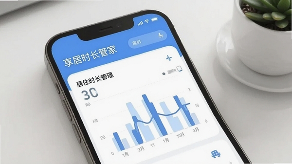 享居时长管家软件界面展示,智能时间管理,简洁现代风格,手机屏幕显示居住时长统计图表
