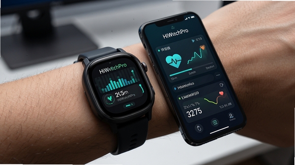 HiWatchPro 智能手表连接手机 健康数据同步 科技感界面展示