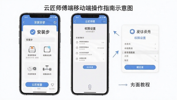 云匠师傅端移动端操作指南示意图,手机屏幕展示安装步骤和权限设置界面,简洁教程风格