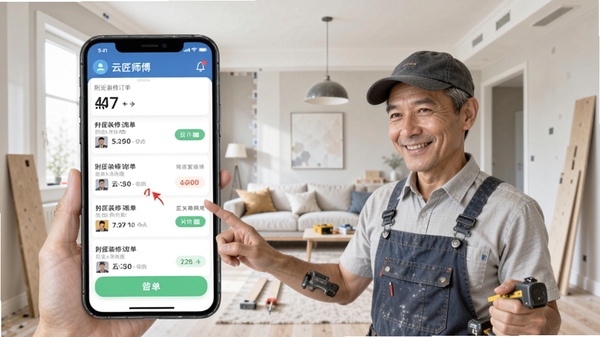 云匠师傅端软件界面展示,手机屏幕显示附近装修订单列表,师傅正在浏览抢单,背景为家居装修场景,明亮清晰