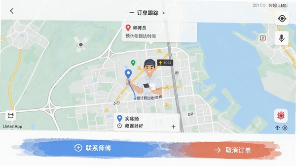 �̼Ұ�APP��������ҳ�棬��ʾʦ��ʵʱλ�ú�Ԥ�Ƶ���ʱ�䣬��ͼ�����������ײ�����ϵʦ����ȡ��������ť