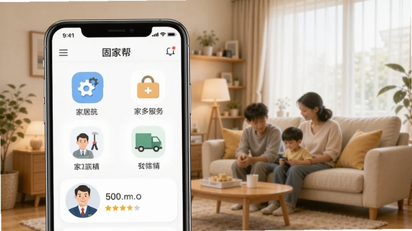 �̼Ұ�APP��ҳչʾ����Ҿӷ���ͼ�꣬�ֻ�������������ʦ��ͷ������������ɼ�������Ϊ��ܰ��ͥ����