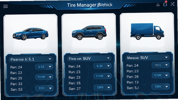 Tire Manager�೵���������棬��ʾ�γ���SUV������ͼ�꣬ÿ�������ж���̥ѹ��ֵ������壬�Ƽ�����ɫ