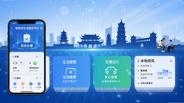 ������Ҵ�ǻ۳����������ƽ̨APP����չʾ���ֻ���Ļ�г���������¡�����ɷѡ���ͨ���С�������Ѷ�ȶ������ģ�飬����Ϊ��Ҵ���еر꽨����Ӱ���Ƽ�����������Ϣ�ںϣ���ɫ��Ϊ��ɫ�Ͱ�ɫ������UI��Ʒ��