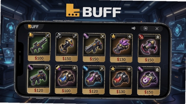 BUFF���ε��߽��״���AI��ͼ��չʾ�ֻ�������������Ŀ����Ϸװ����Ƥ����Ƭ��ÿ�����ߴ��м۸��ǩ����Ϸͼ�꣬����Ϊ��Ϸ���Ƽ�������BUFF����Logo��Ŀ