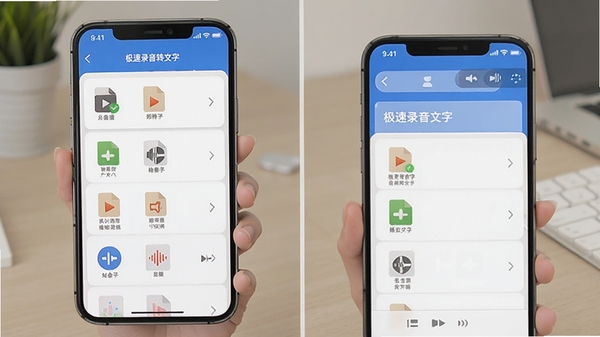 ����¼��ת���ֶ��ʽ��Ƶ����תд����ʾ�⣬�ֻ���Ļ��ʾѡ����Ƶ�ļ��б����ļ���ʽͼ�������������Ѻ�