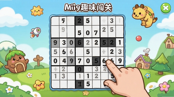 数独趣味闯关游戏界面展示,包含九宫格数字盘面、可爱卡通风格的主题背景,玩家正在专注填数,画面明亮清晰