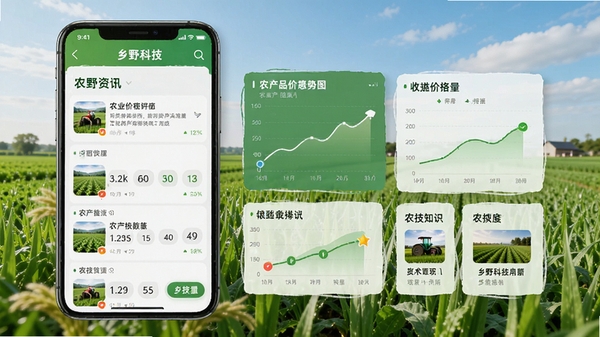 ��Ұ�Ƽ�APP����չʾ���ֻ���Ļ����ʾũҵ��Ѷ��ũ��Ʒ�۸�����ͼ��ũ��֪ʶ��Ƭ������Ϊ��ɫ��Ұ�����죬���������Ȼ