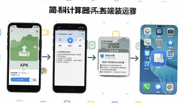 简科计算器手机端安装步骤示意图,展示从下载APK到完成安装的流程,包含权限设置提示和桌面图标添加操作