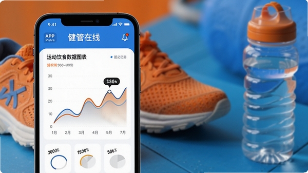 ��������App�˶���ʳ����ͼ�����棬�ֻ���Ļ��ʾ����ͼ�ͱ�״ͼ���������˶�Ь��ˮ����������ɫ����ɫ���䣬AI��ͼ