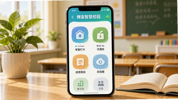 С�����ǻ�У԰APP��ҳ����չʾ��������һ�������ֻ���Ļ����ʾ��ɫ�����µ�У԰������壬�������ڴ򿨡���ҵ֪ͨ���ɼ���ѯ���༶Ȧ��ͼ�꣬��������ܰ��У԰���ҳ���������ֲ���鱾��׺���������������ã�ͻ����У�������ǻ�У԰����