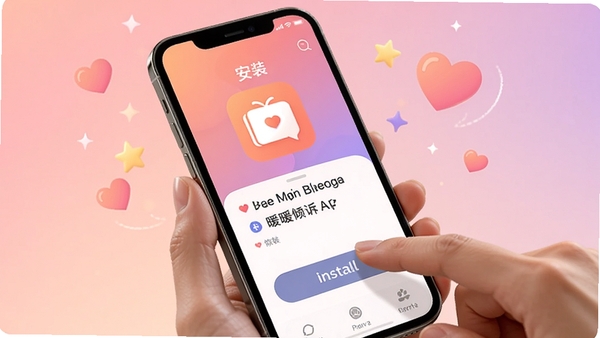 �ֻ���Ļ��ʾůů����APP�İ�װ���棬һֻ�����ڵ����װ��ť����������ܰ�ķ���ɫ���䣬��Χ�а��ĺ����ǵ�װ��Ԫ��