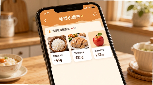 哈喽小鹿饮食热量查询界面,展示米饭、鸡胸肉、苹果等食物热量卡片,配色温暖,手机UI设计展示