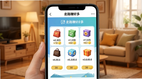 走路赚好多收益兑换商城页面,展示各类商品图标与所需金币数量,手机屏幕特写,背景为温馨家居环境,软件名称走路赚好多在顶部导航栏显示