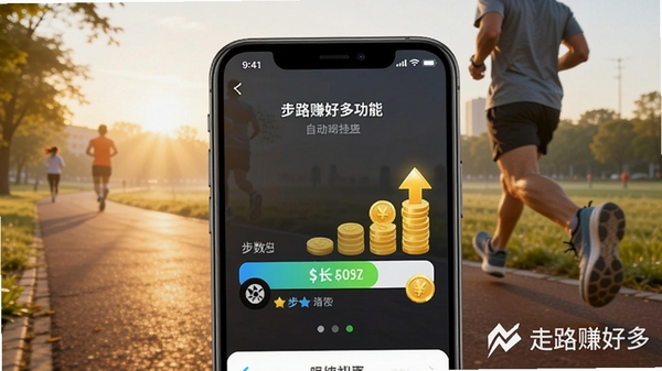 走路赚好多APP自动计步功能界面,手机屏幕显示步数进度条与金币增长动画,背景为清晨跑步场景,软件名称走路赚好多以水印形式出现在画面角落