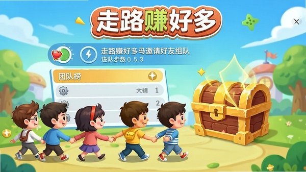 走路赚好多邀请好友组队界面,显示团队步数排行榜与宝箱奖励,卡通风格人物手拉手走路,背景色彩明快,软件名称走路赚好多作为标题出现