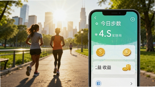 走路赚好多软件主界面展示,手机屏幕中显示今日步数与收益金币,背景为城市公园步道,阳光明媚,人物剪影在散步,整体风格清新活力