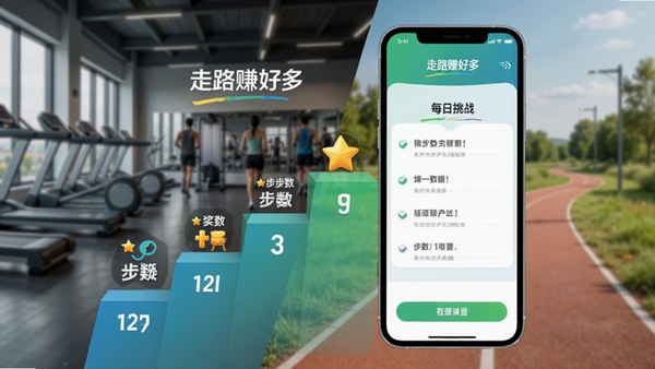 走路赚好多每日任务挑战页面,展示阶梯式步数目标与奖励图标,手机界面设计简洁,背景为健身房与户外步道拼接场景,突出软件名称走路赚好多