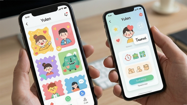 Yulen软件创意互动界面展示,手机屏幕中呈现多种趣味模板与个性化选项,界面简洁清新,色彩明快,突出互动娱乐主题