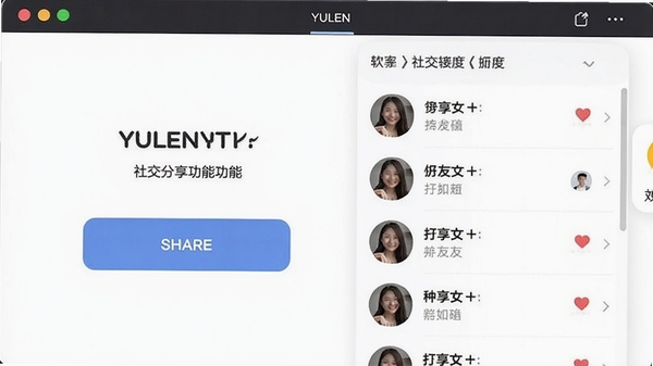 Yulen软件社交分享功能界面,展示分享按钮与好友互动列表,界面友好,强调社交连接与互动乐趣