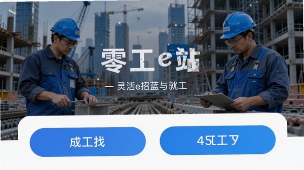 零工e站APP主界面截图,展示简洁的找活与招工按钮,背景是城市蓝领工作场景,突出灵活就业主题