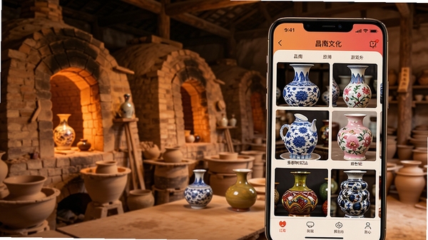 �����Ļ�APP����չʾ���������մ�����Ʒ����ͼƬ�ϼ����໨�ɡ��۲ʴɡ���ɫ�ԴɵȾ����������ֻ���Ļ�ϳ��֣�����Ϊ��ɫ����Ĵ�Ҥ������������ů������չ�ִ�ͳ�Ļ����ִ��Ƽ��ںϵķ�Χ