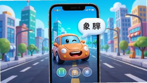 话痨说车APP界面展示,手机屏幕显示卡通汽车形象正在说话,背景是城市道路,色彩明快,科技感十足