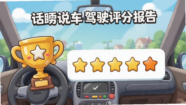 话痨说车驾驶评分报告页面,显示卡通奖杯和星级评分,背景为车内视角,风格活泼