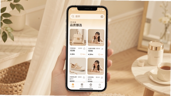 �м���ѡAPP������չʾ���ֻ���Ļ�ϳ���Ʒ�ʺ��ﾫѡ�̳���ҳ����Ʒ��Ƭ�������У�������������Ŀ������ɫ����ů���£�ͻ��Ʒ��������Χ