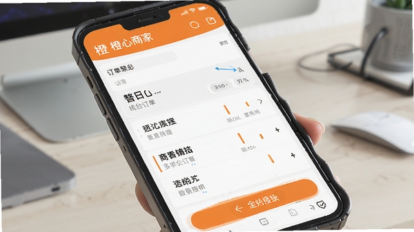 橙心商家订单聚合管理功能展示,多平台订单列表统一显示,商家点击接单操作,手机屏幕特写,简洁商务风格