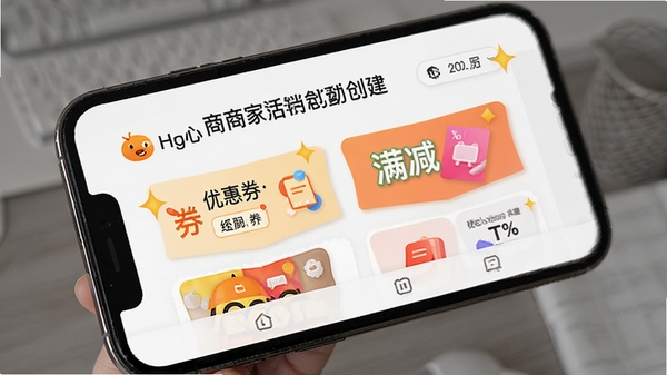 橙心商家营销活动创建界面,优惠券和满减活动设置面板,彩色图标点缀,手机UI设计展示