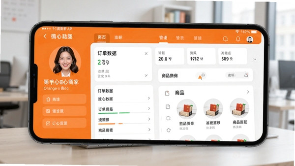 橙心商家APP手机端店铺管理界面展示,商家正在查看订单数据和商品列表,现代化UI设计,明亮色调,商务风格