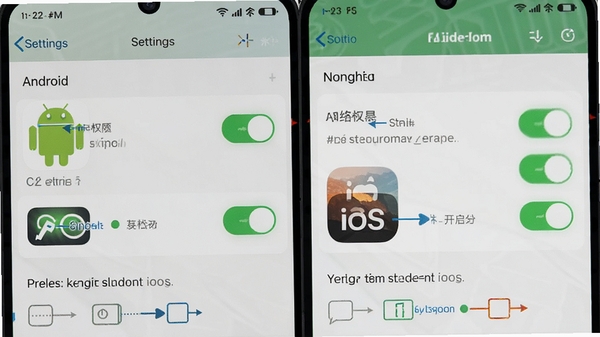 安卓ios安装权限设置示意图,展示手机设置界面中存储权限与网络权限的开启状态,标注安卓ios软件图标与权限说明文字