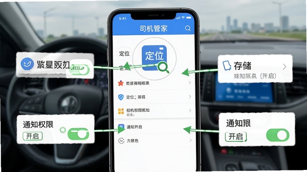 ˾���ܼ�APP���ֻ��ϵ�Ȩ�����ý���ʾ��ͼ����ע��λ���洢��֪ͨȨ�޿���λ�ã�����ֱ���׶�
