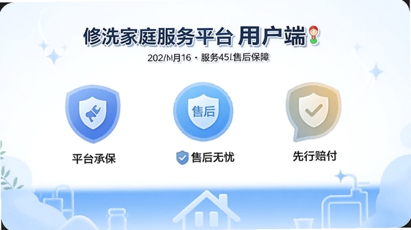 修洗家庭服务平台用户端售后保障页面,展示服务保障承诺图标,包含平台承保、售后无忧、先行赔付等标识,营造安全可靠氛围