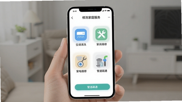 修洗家庭服务平台用户端软件界面截图,展示家庭维修清洗服务预约首页,包含空调清洗、家电维修、管道疏通等图标,界面清新简洁,手机屏幕展示,白色背景,现代扁平化设计风格